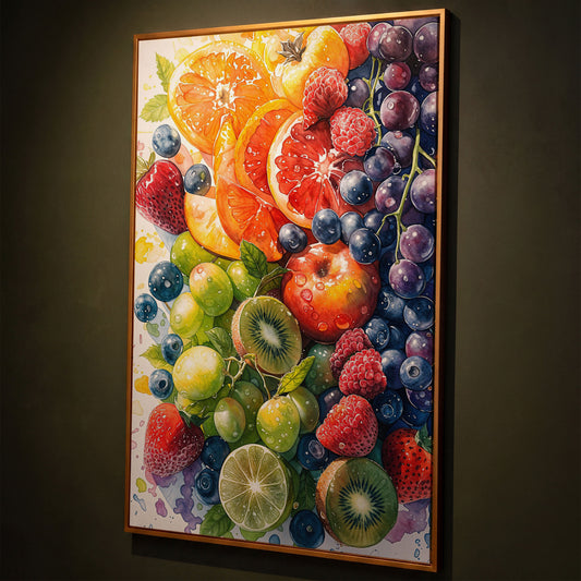 Fresh Fruit Medley Canvas Wall Art: Citrus, Berries and Kiwi shown in antique gold floating frame