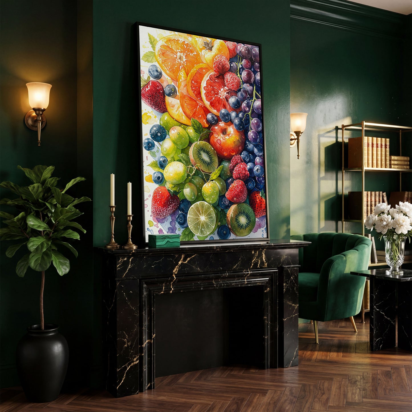 Fresh Fruit Medley Canvas Wall Art: Citrus, Berries and Kiwi in black floating frame
