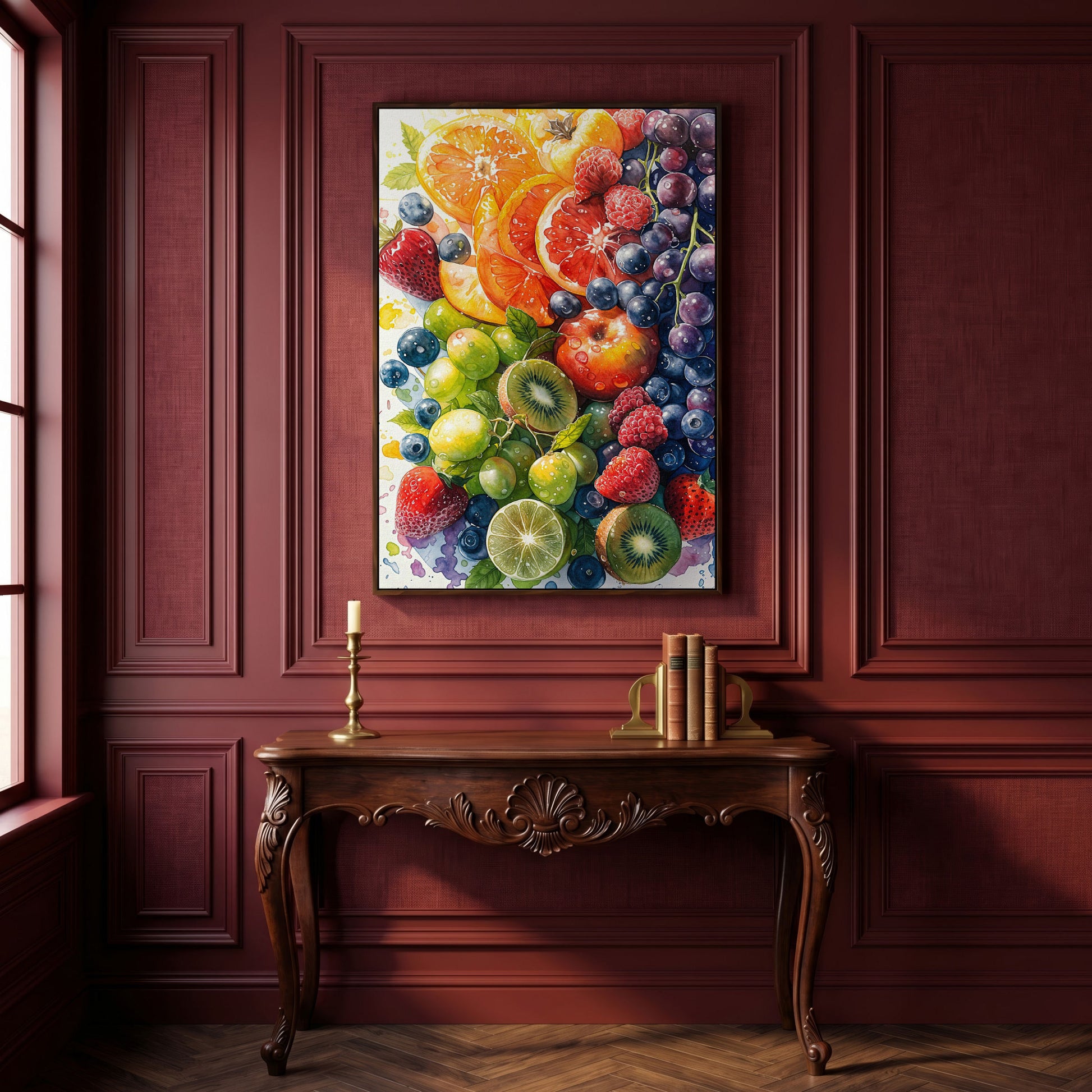 Fresh Fruit Medley Canvas Wall Art: Citrus, Berries and Kiwi in dark walnut floating frame