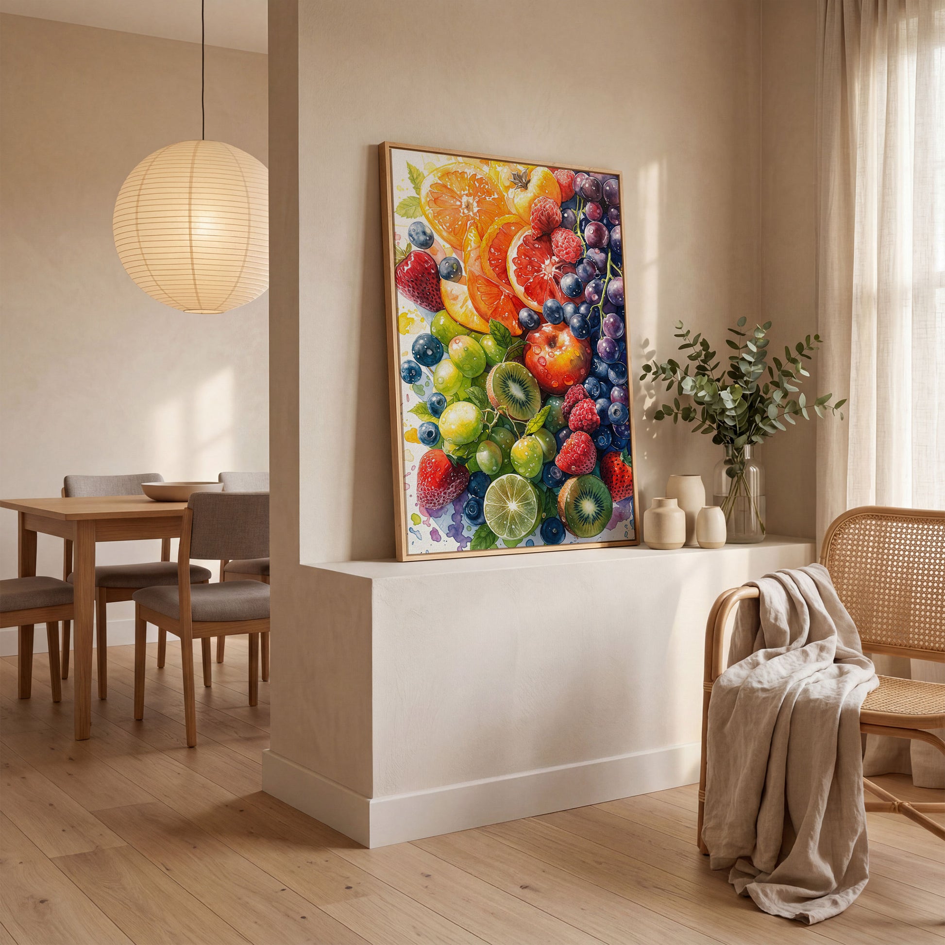 Fresh Fruit Medley Canvas Wall Art: Citrus, Berries and Kiwi in white oak floating frame