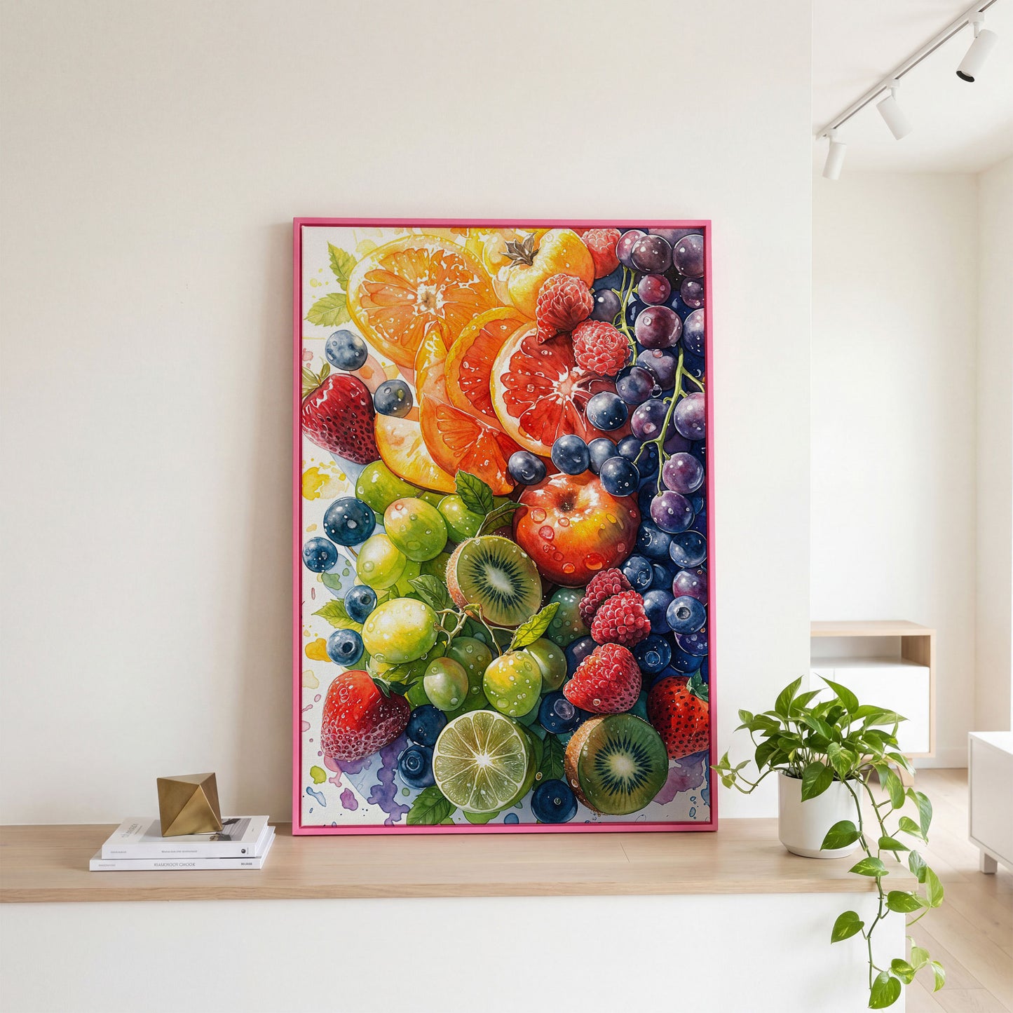 Fresh Fruit Medley Canvas Wall Art: Citrus, Berries and Kiwi in pink floating frame