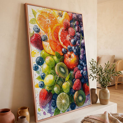 Fresh Fruit Medley Canvas Wall Art: Citrus, Berries and Kiwi in rose gold floating frame