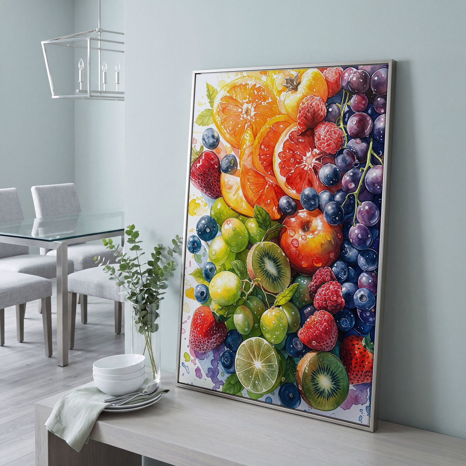 Fresh Fruit Medley Canvas Wall Art: Citrus, Berries and Kiwi in silver floating frame
