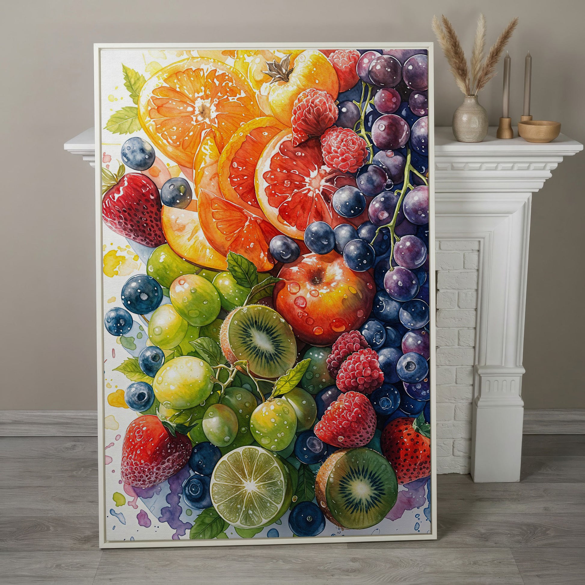 Fresh Fruit Medley Canvas Wall Art: Citrus, Berries and Kiwi in white floating frame
