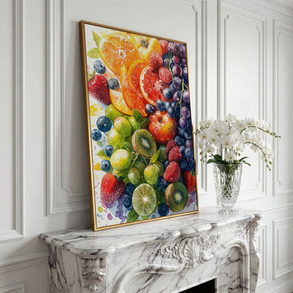 Fresh Fruit Medley Canvas Wall Art: Citrus, Berries and Kiwi in yellow gold floating frame