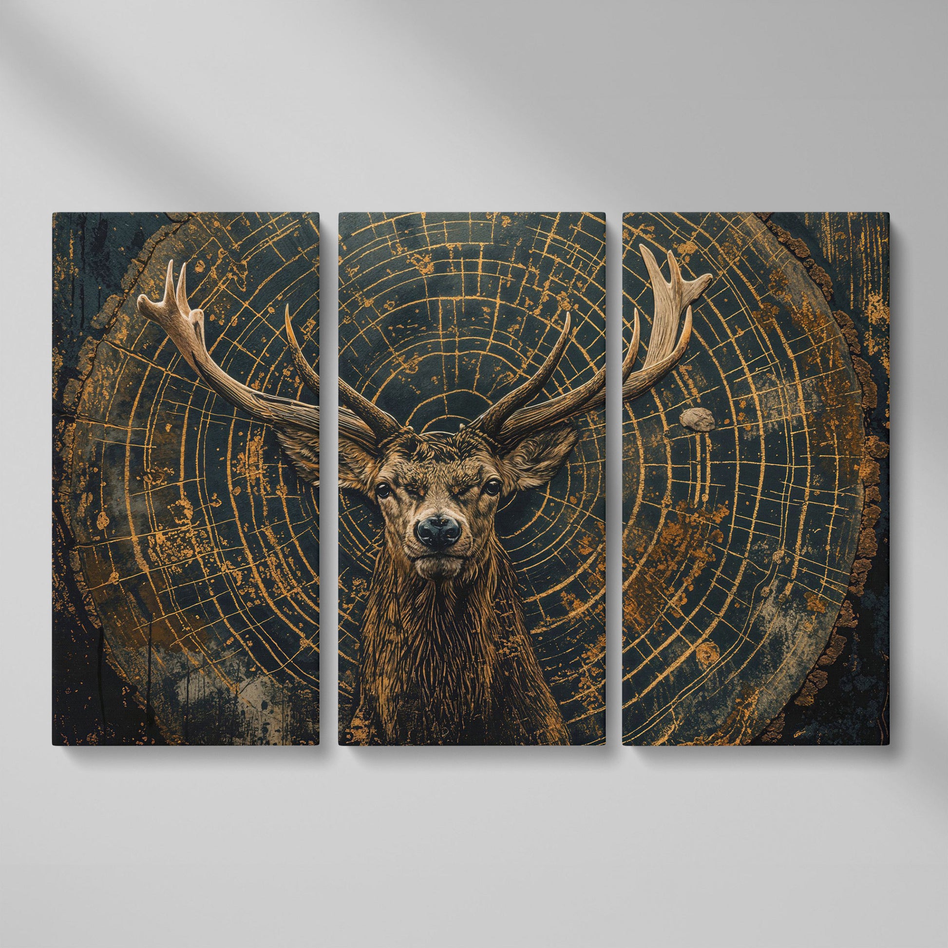 Stag in Tree Rings Canvas Print as 3-panel split version