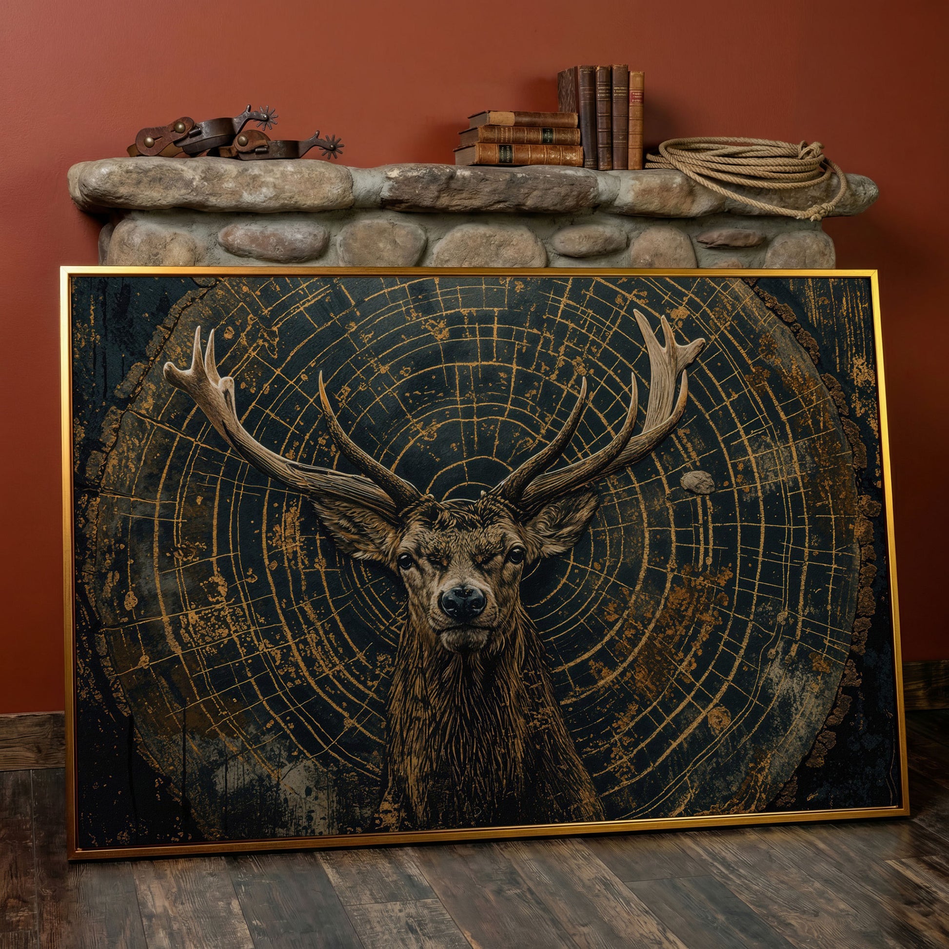Stag in Tree Rings Canvas Print in antique gold floating frame