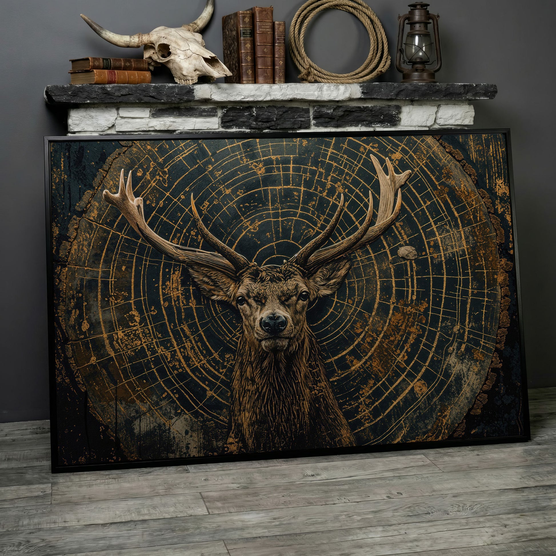 Stag in Tree Rings Canvas Print in black floating frame