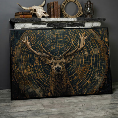 Stag in Tree Rings Canvas Print in black floating frame