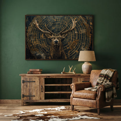 Stag in Tree Rings Canvas Print in dark walnut floating frame