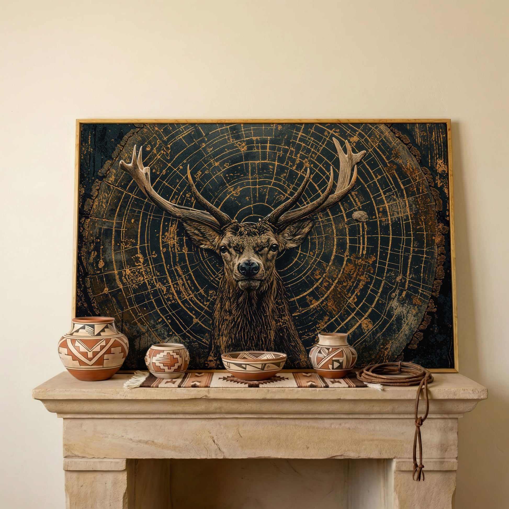 Stag in Tree Rings Canvas Print in white oak floating frame
