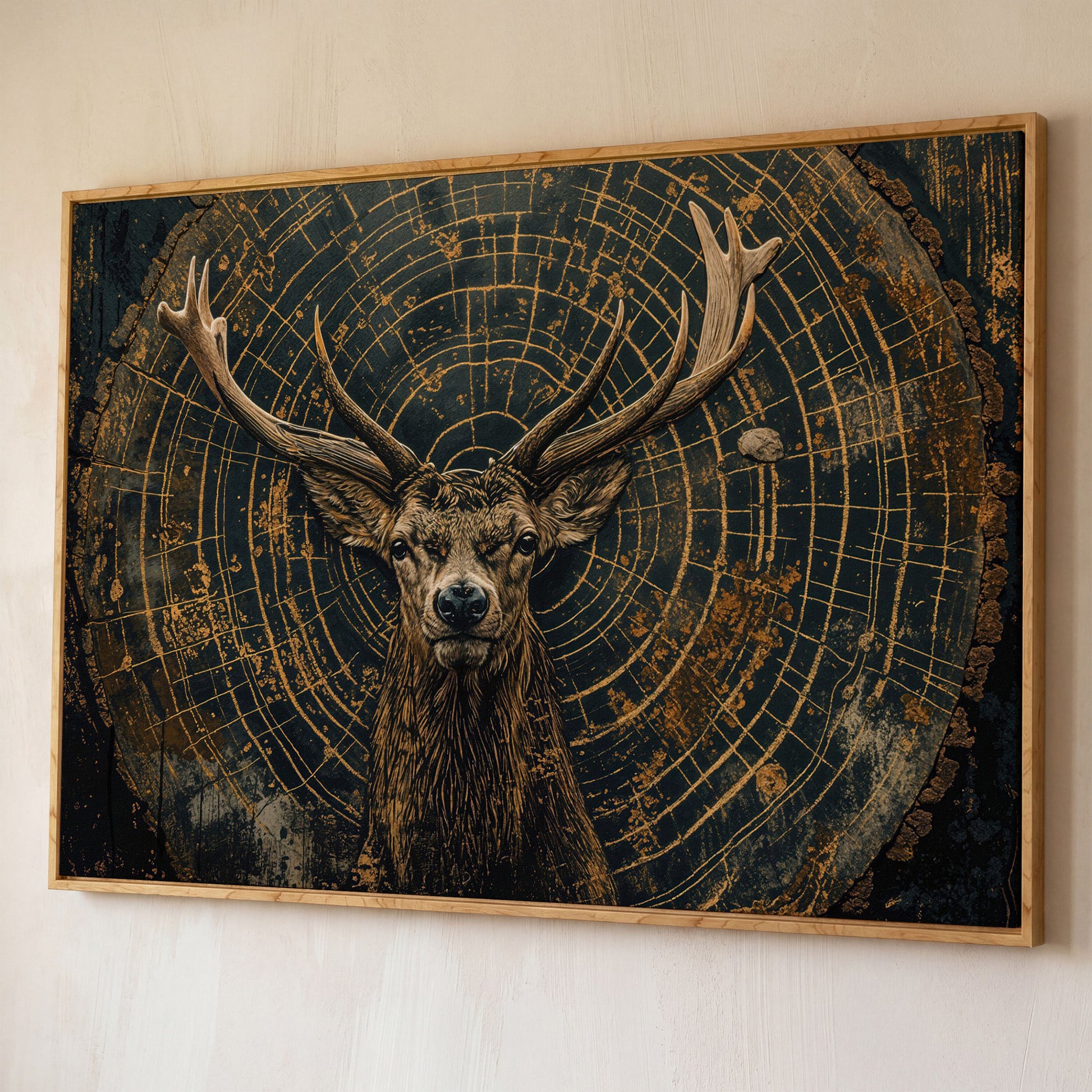 Stag in Tree Rings Canvas Print shown in white oak floating frame