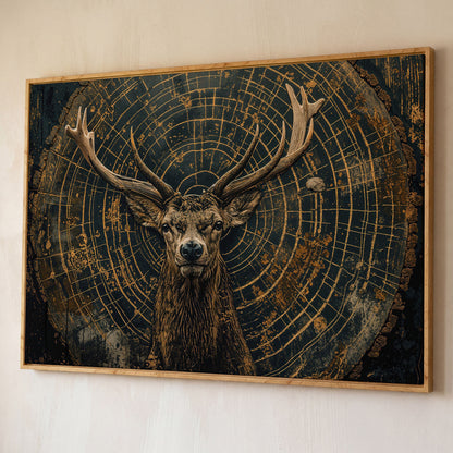 Stag in Tree Rings Canvas Print shown in white oak floating frame