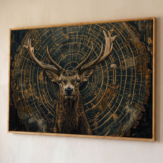 Stag in Tree Rings Canvas Print shown in white oak floating frame