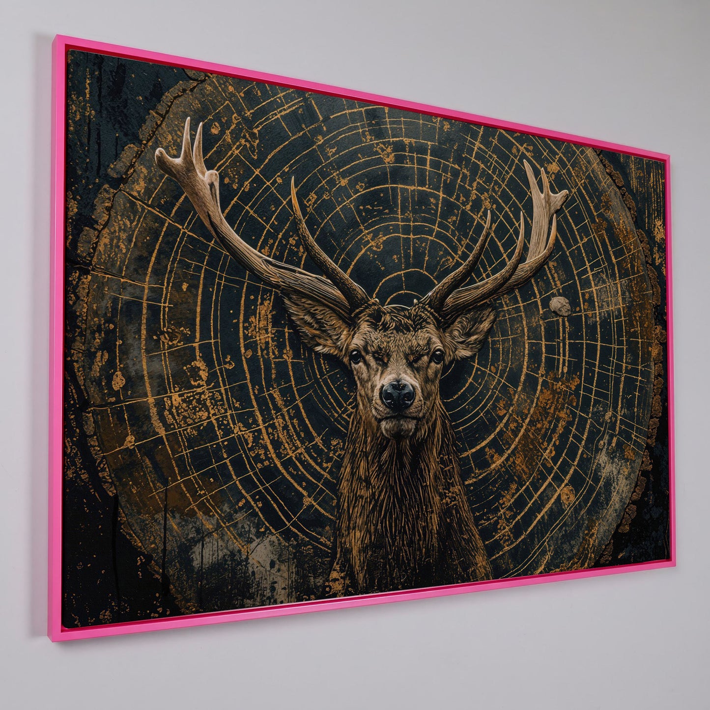 Stag in Tree Rings Canvas Print in pink floating frame