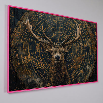 Stag in Tree Rings Canvas Print in pink floating frame