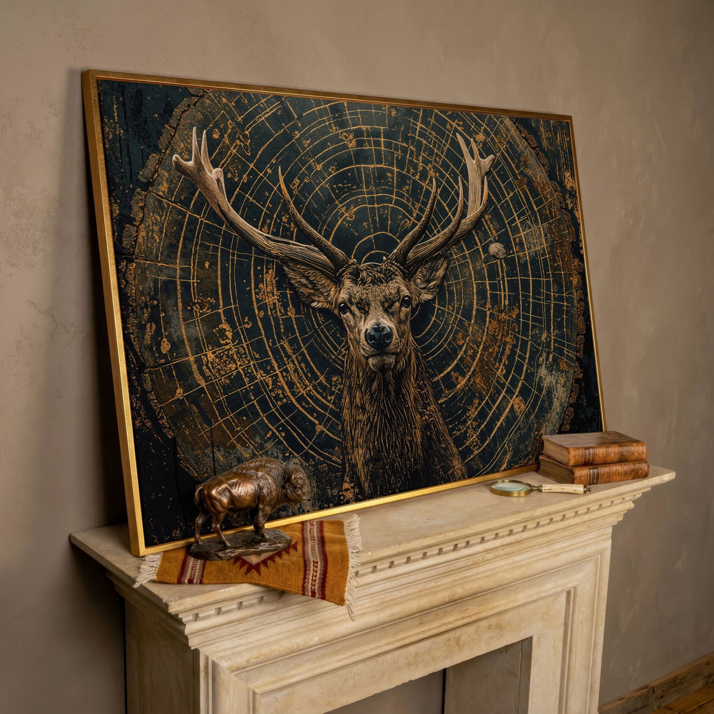 Stag in Tree Rings Canvas Print in rose gold floating frame