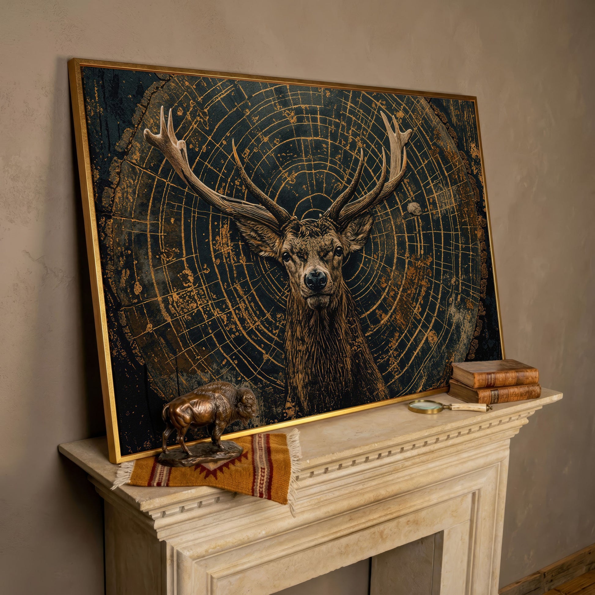 Stag in Tree Rings Canvas Print in rose gold floating frame