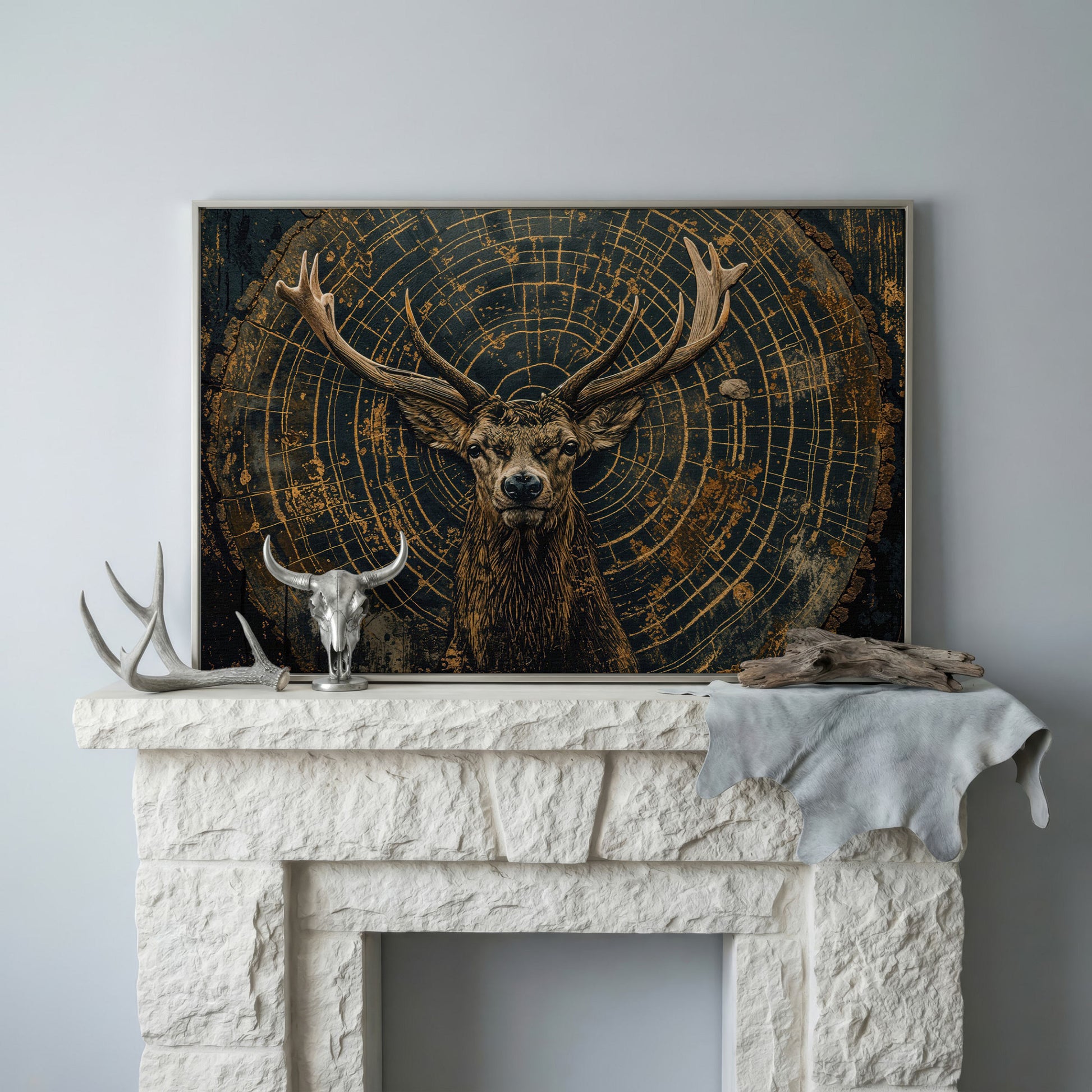 Stag in Tree Rings Canvas Print in silver floating frame