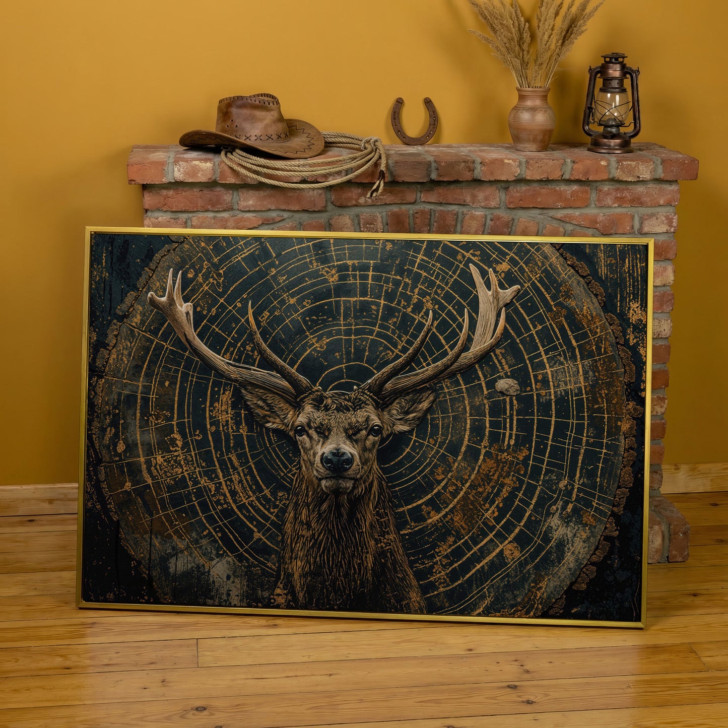 Stag in Tree Rings Canvas Print in yellow gold floating frame