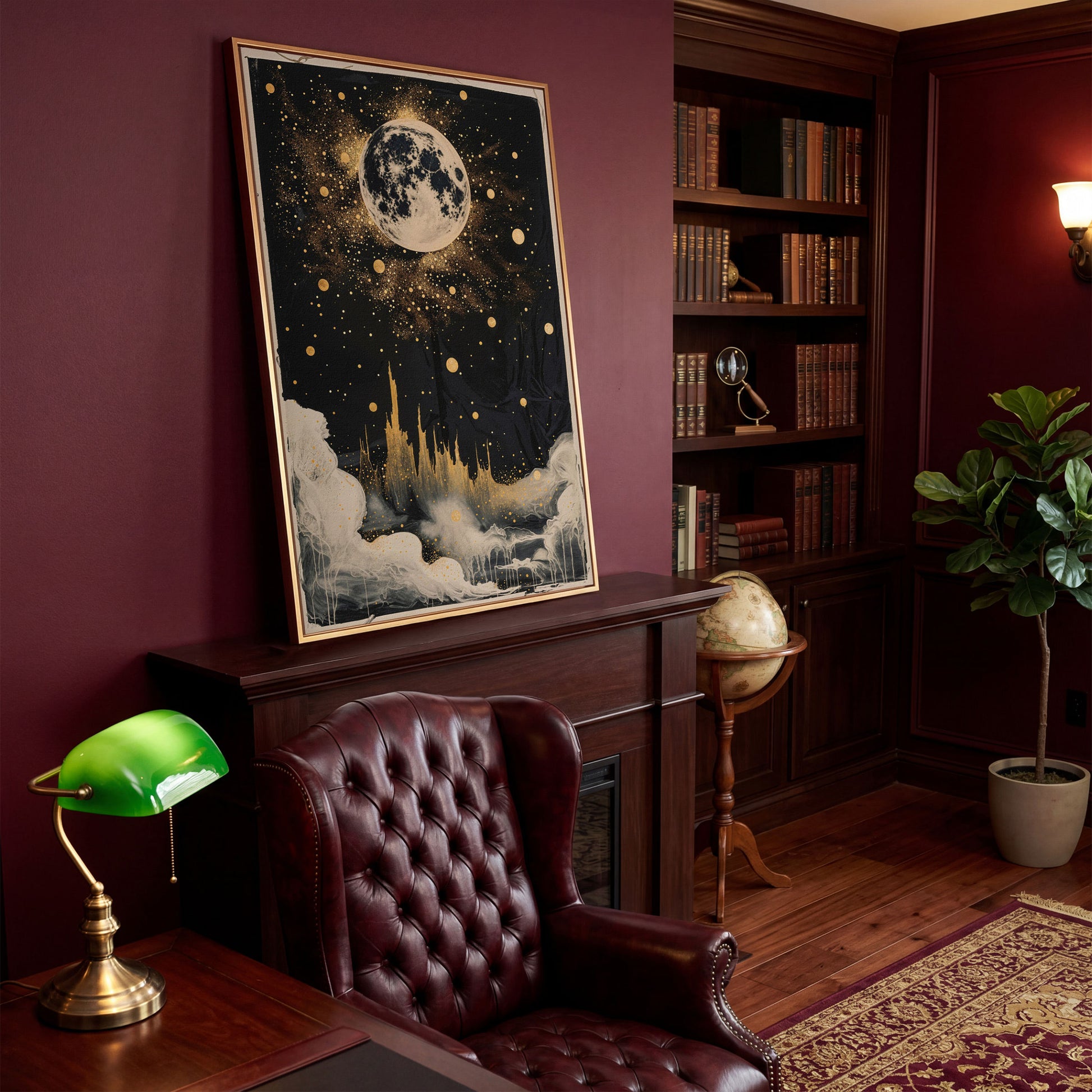 Celestial Dreamscape Moonlit Night Sky Canvas in antique gold floating frame