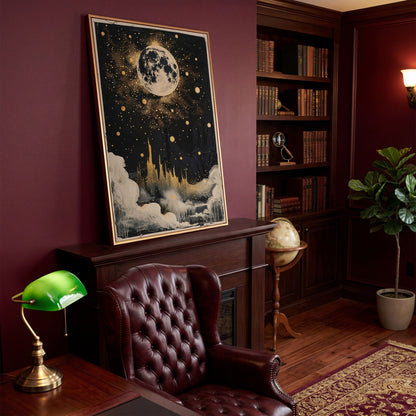 Celestial Dreamscape Moonlit Night Sky Canvas in antique gold floating frame