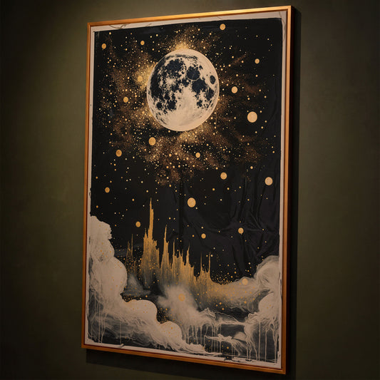 Celestial Dreamscape Moonlit Night Sky Canvas shown in antique gold floating frame