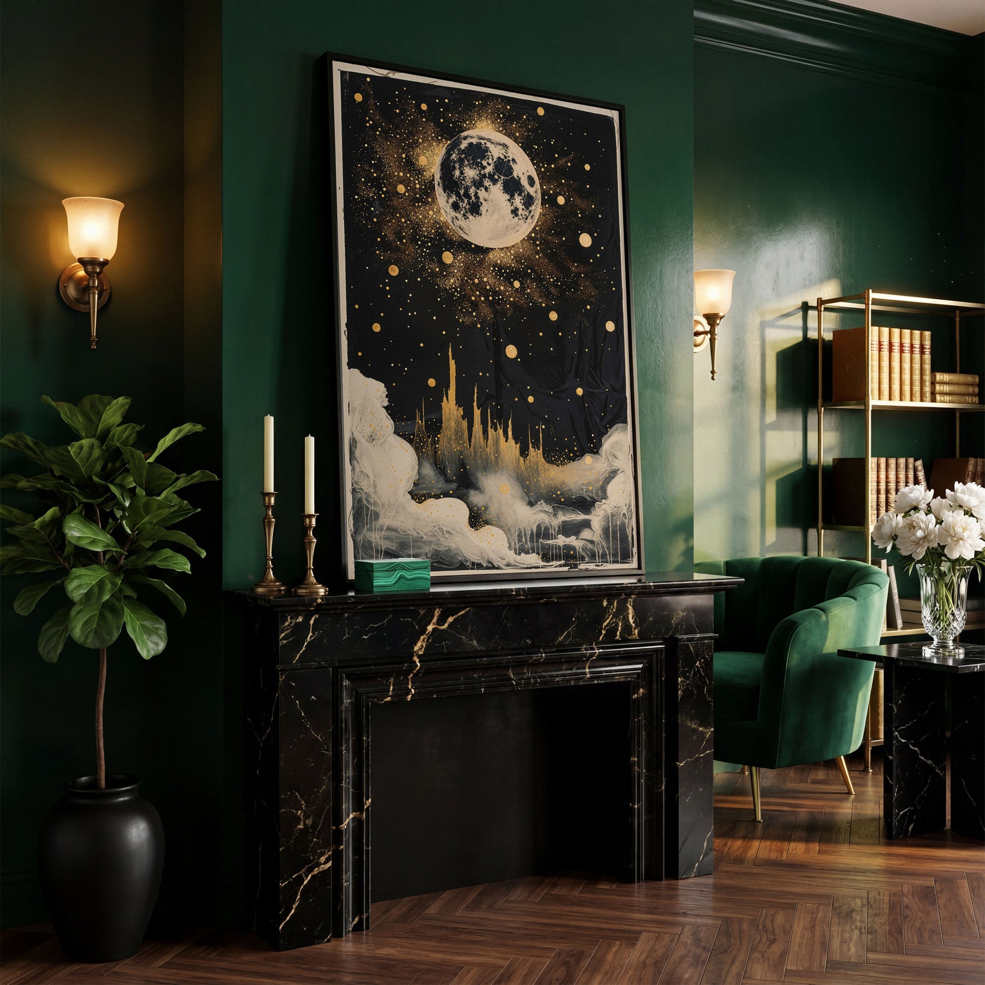 Celestial Dreamscape Moonlit Night Sky Canvas in black floating frame
