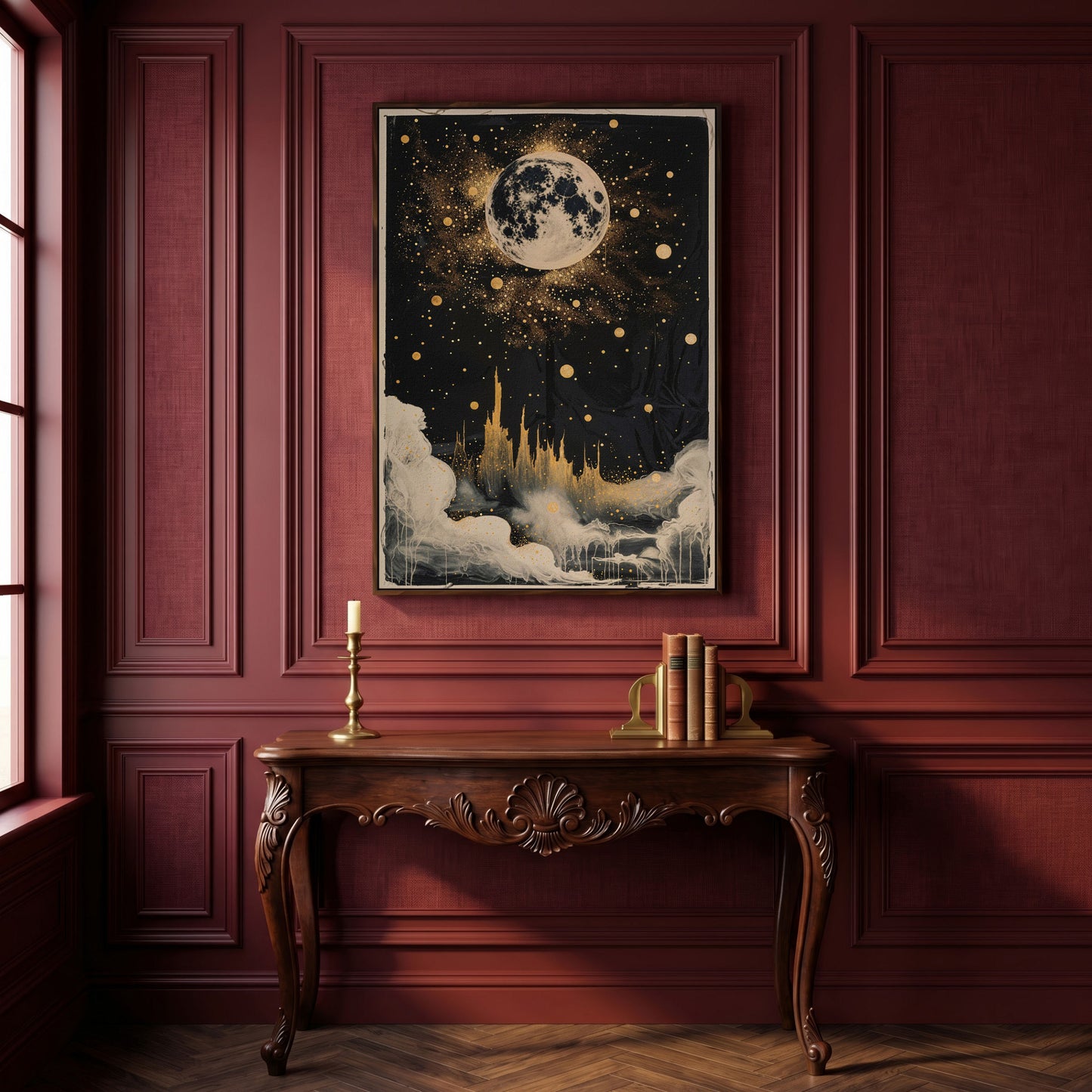 Celestial Dreamscape Moonlit Night Sky Canvas in dark walnut floating frame