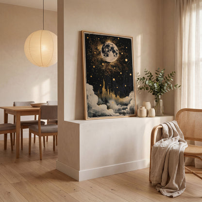 Celestial Dreamscape Moonlit Night Sky Canvas in white oak floating frame