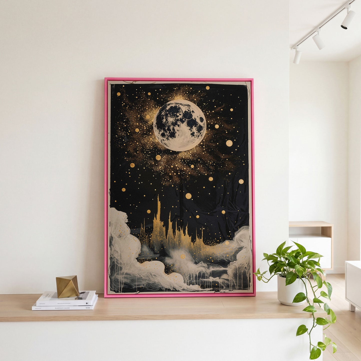 Celestial Dreamscape Moonlit Night Sky Canvas in pink floating frame