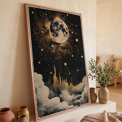 Celestial Dreamscape Moonlit Night Sky Canvas in rose gold floating frame