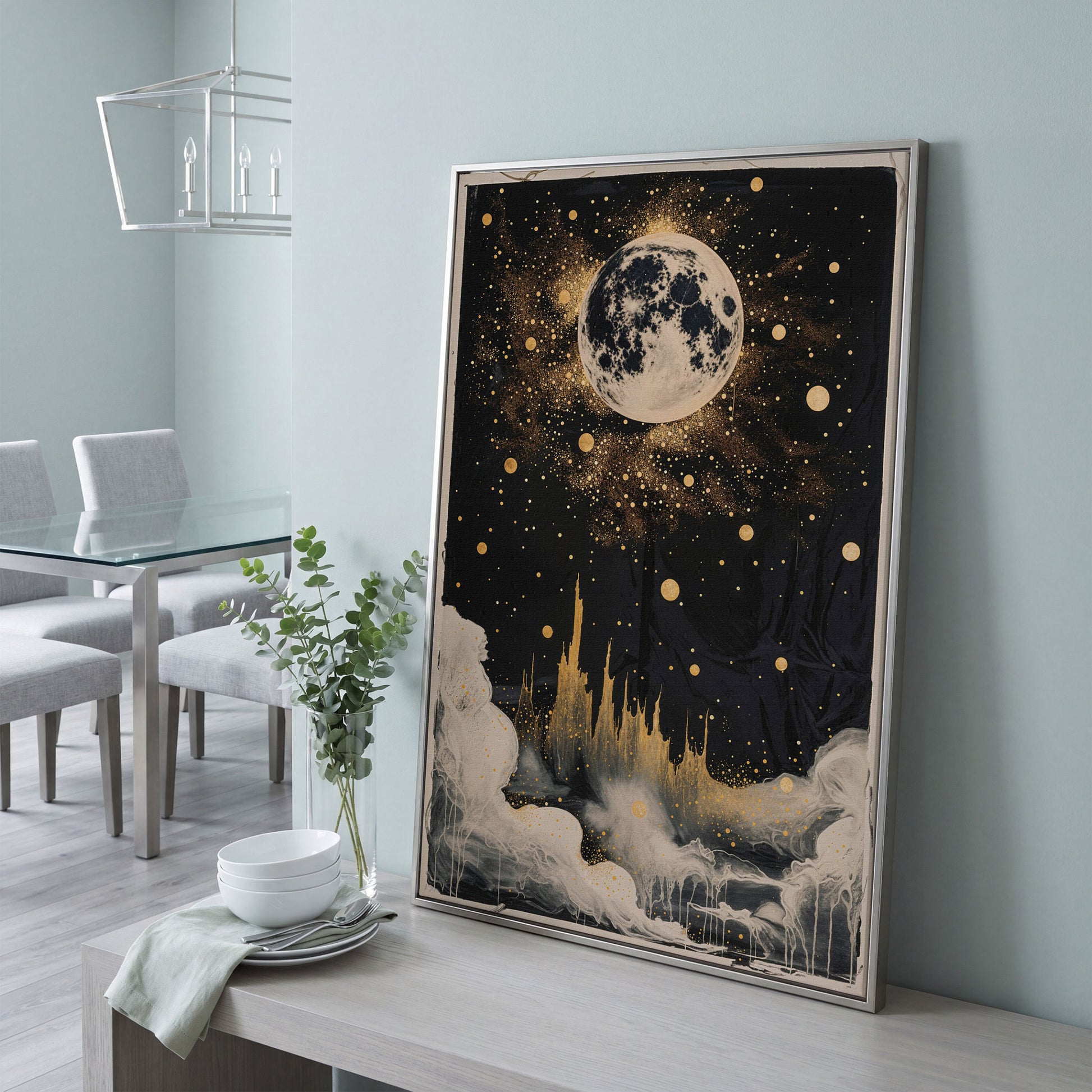 Celestial Dreamscape Moonlit Night Sky Canvas in silver floating frame