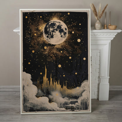 Celestial Dreamscape Moonlit Night Sky Canvas in white floating frame
