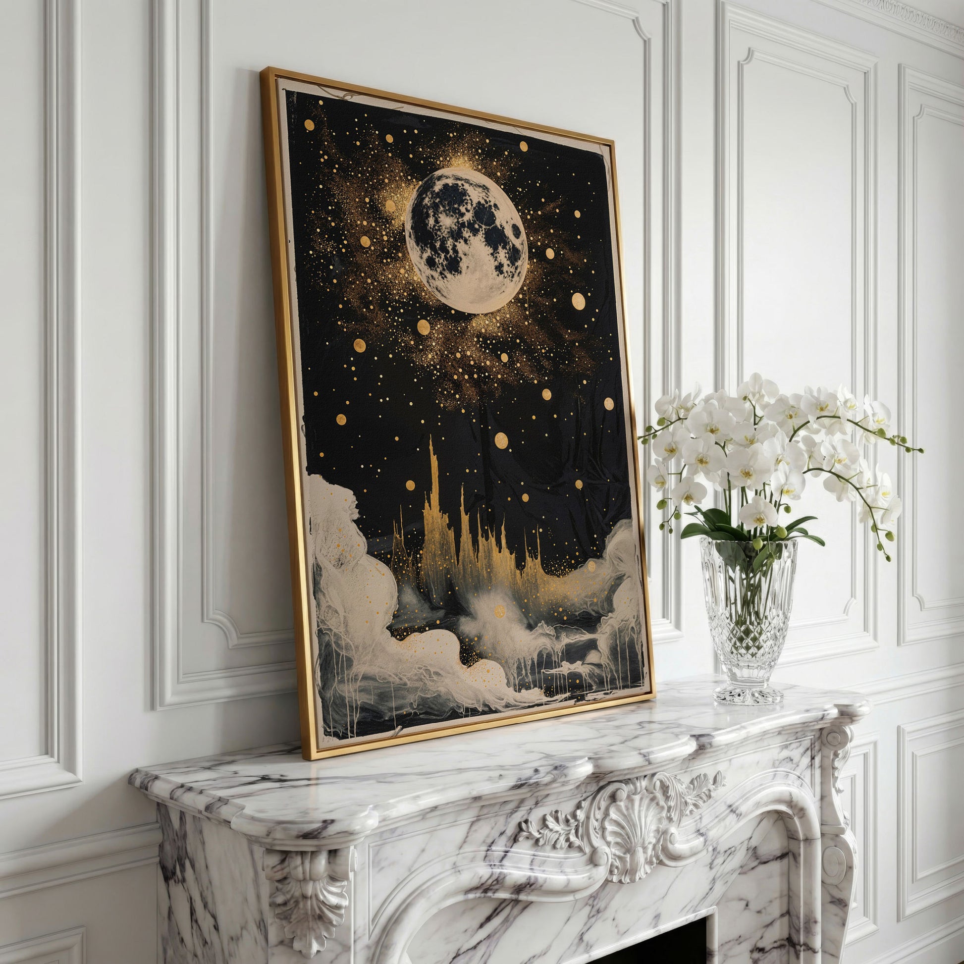Celestial Dreamscape Moonlit Night Sky Canvas in yellow gold floating frame