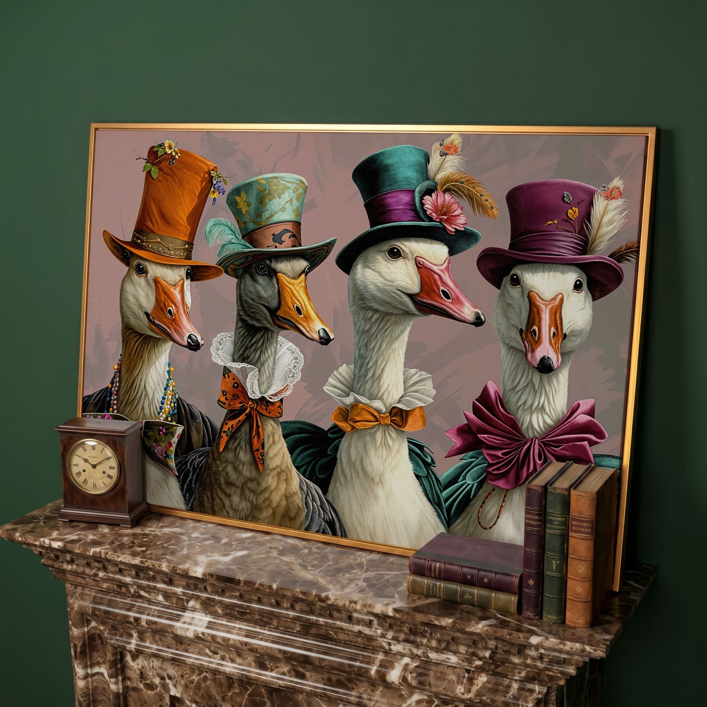 Dapper Geese in Victorian Dress. Canvas Wall Art in antique gold floating frame