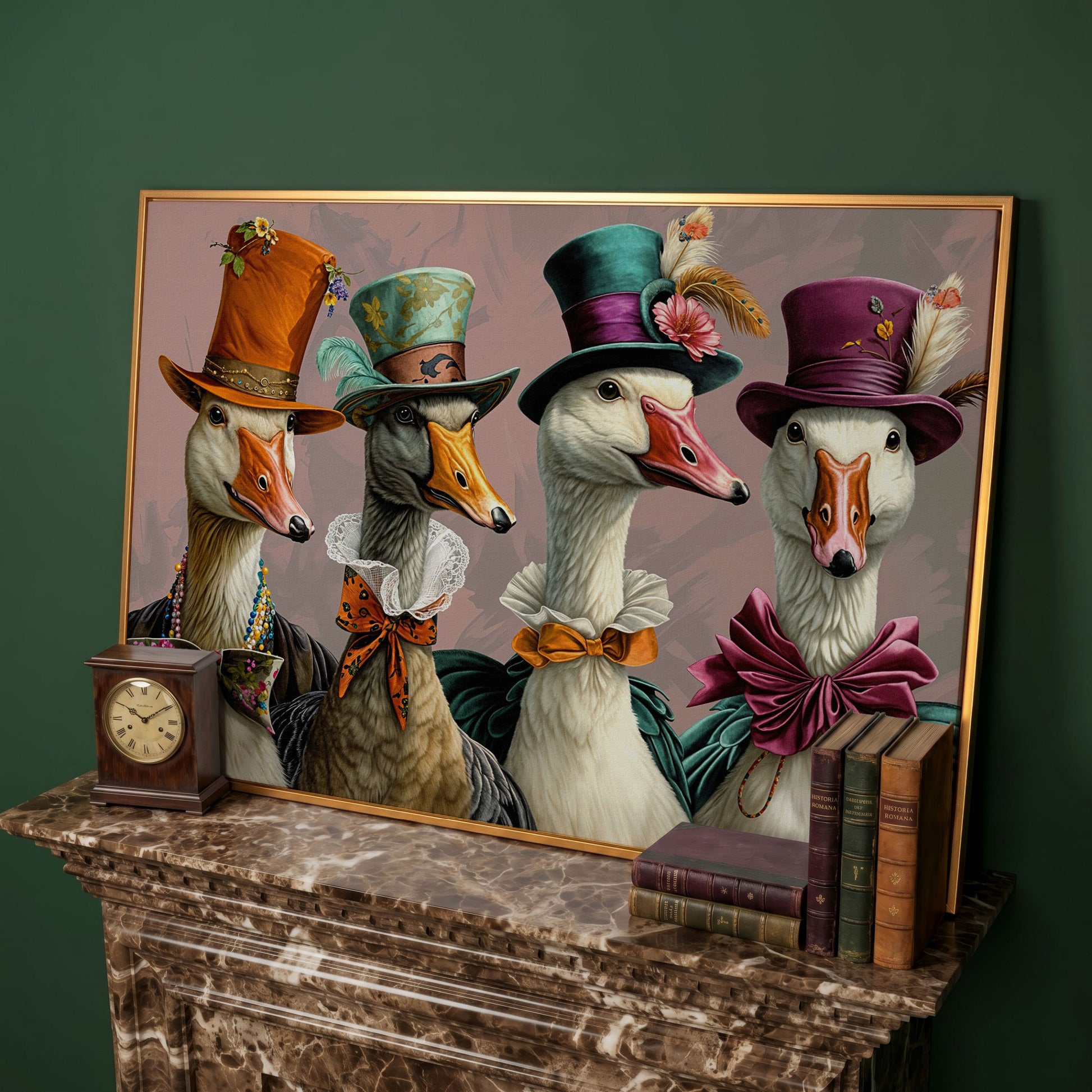 Dapper Geese in Victorian Dress. Canvas Wall Art in antique gold floating frame