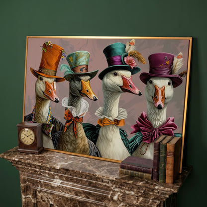 Dapper Geese in Victorian Dress. Canvas Wall Art in antique gold floating frame