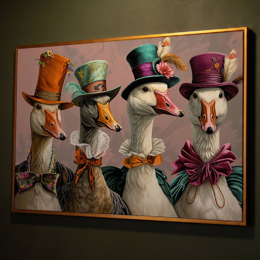 Dapper Geese in Victorian Dress. Canvas Wall Art shown in antique gold floating frame