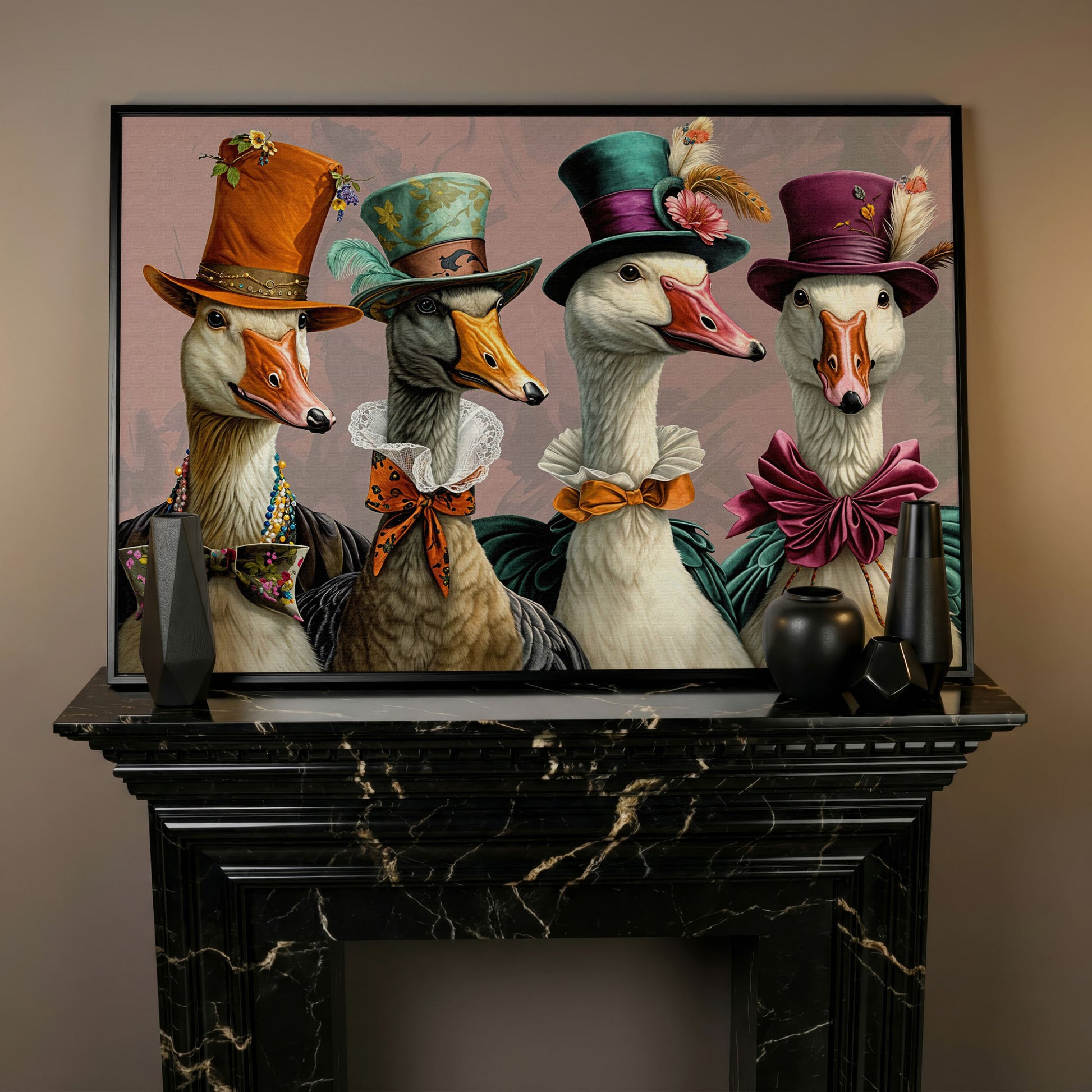 Dapper Geese in Victorian Dress. Canvas Wall Art in black floating frame