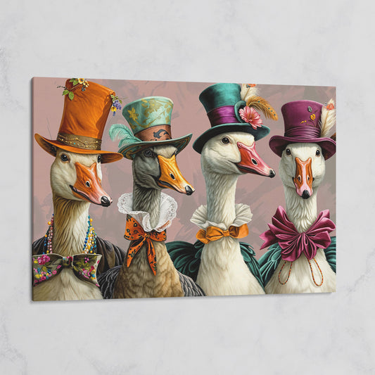 Dapper Geese in Victorian Dress. Canvas Wall Art on gallery wrap