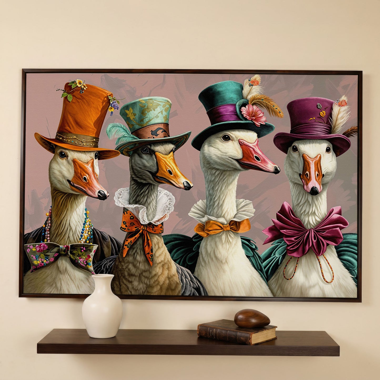 Dapper Geese in Victorian Dress. Canvas Wall Art in dark walnut floating frame