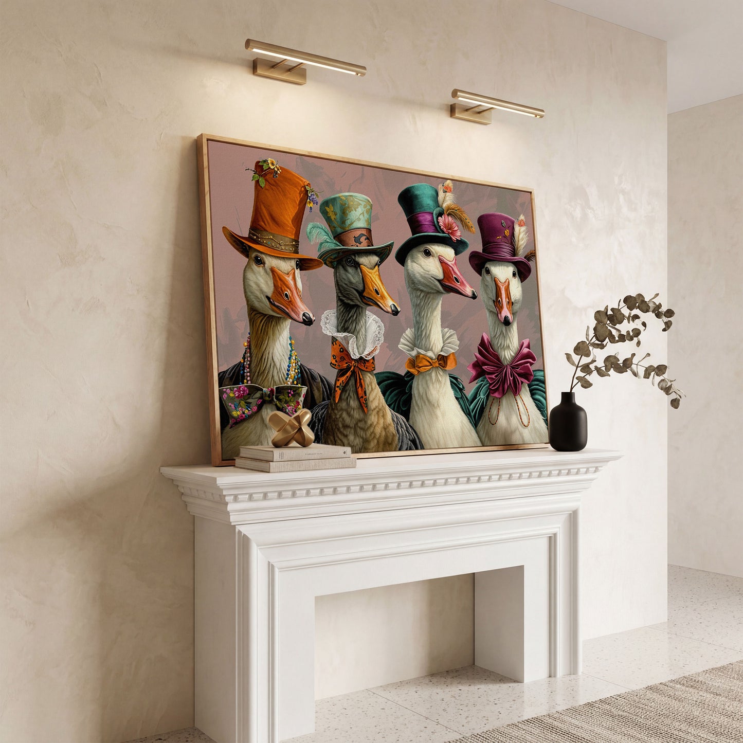 Dapper Geese in Victorian Dress. Canvas Wall Art in white oak floating frame