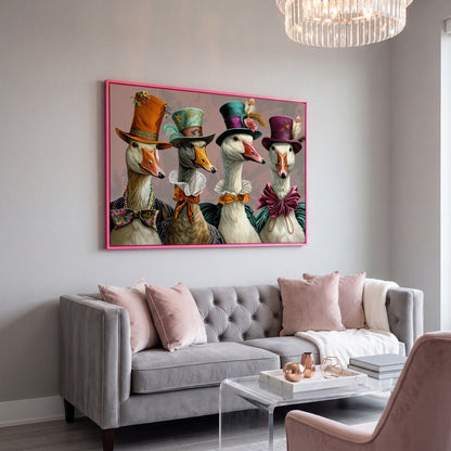 Dapper Geese in Victorian Dress. Canvas Wall Art in pink floating frame
