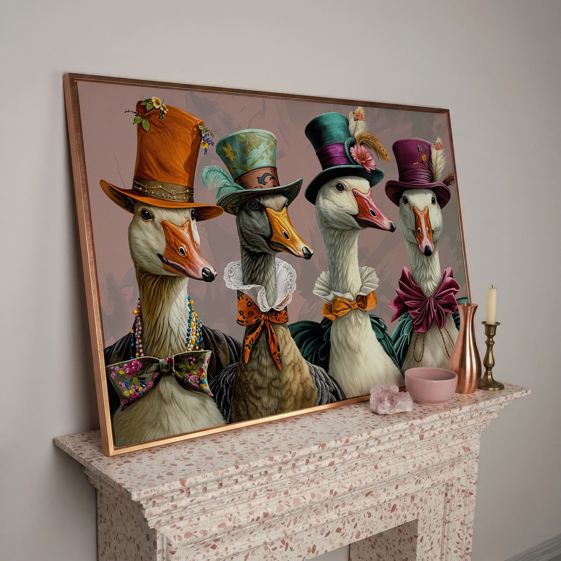 Dapper Geese in Victorian Dress. Canvas Wall Art in rose gold floating frame