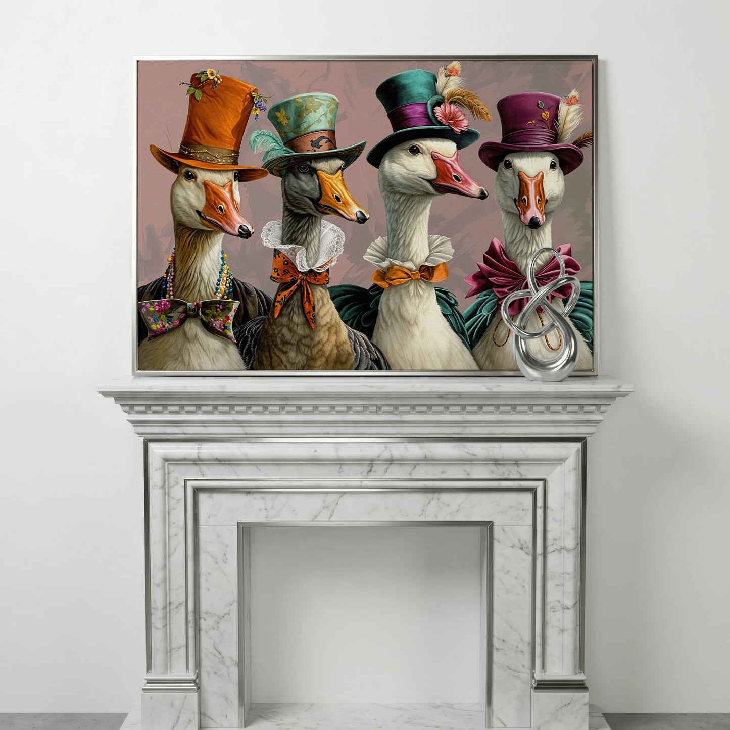 Dapper Geese in Victorian Dress. Canvas Wall Art in silver floating frame