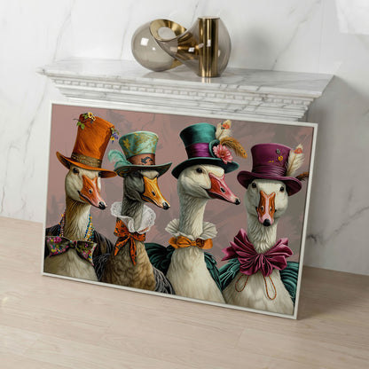 Dapper Geese in Victorian Dress. Canvas Wall Art in white floating frame