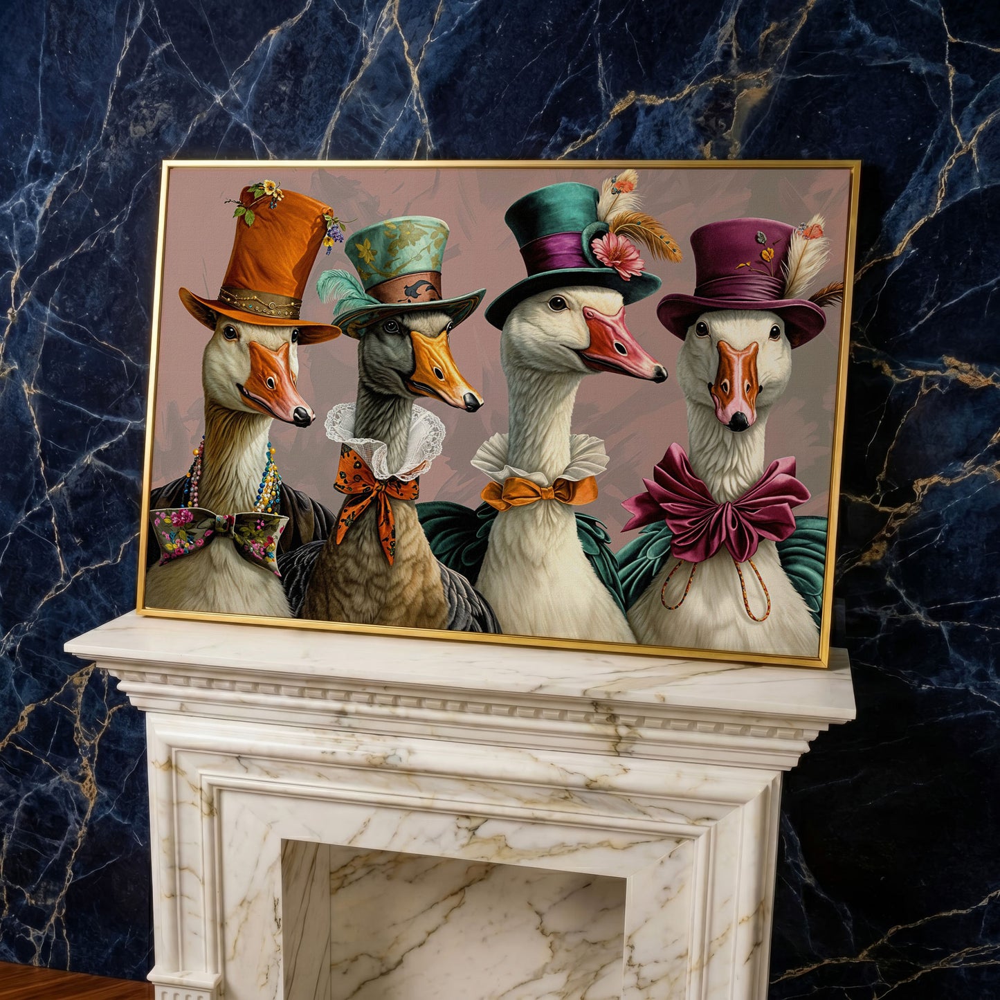 Dapper Geese in Victorian Dress. Canvas Wall Art in yellow gold floating frame