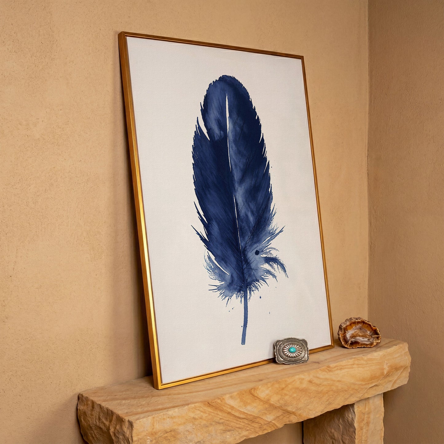 Indigo Feather Watercolor Canvas in antique gold floating frame