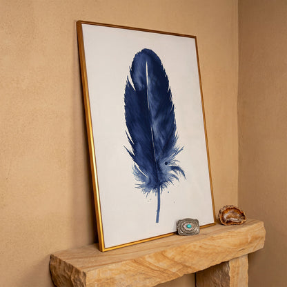 Indigo Feather Watercolor Canvas in antique gold floating frame